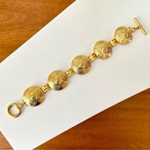Vintage Gold tone Circle Disc Dome Swirl Etruscan Modernist Bracelet 8”